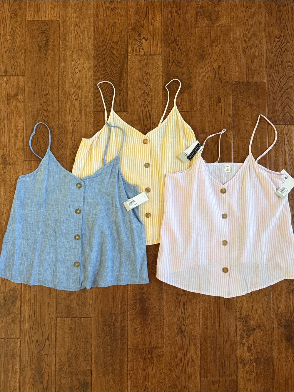 NWT Set of 3 Lightweight Button-Front Camis - Solid Denim, Striped Yellow & Pink